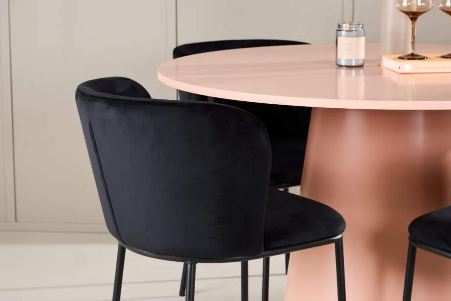 Ümmarguse virsikutooni söögilaua ja musta sametkattega toolide komplekt Lanzo & Edina (laud ⌀120 cm, 4 tooli), GR24695 – 9