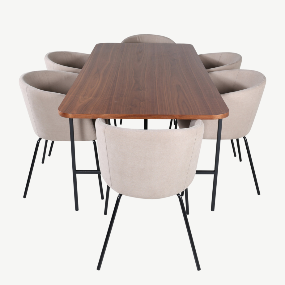 Uno ristkülikukujuline pähklispooniga söögilaud ja 6 beeži kangaga tooli, GR22391 – 2