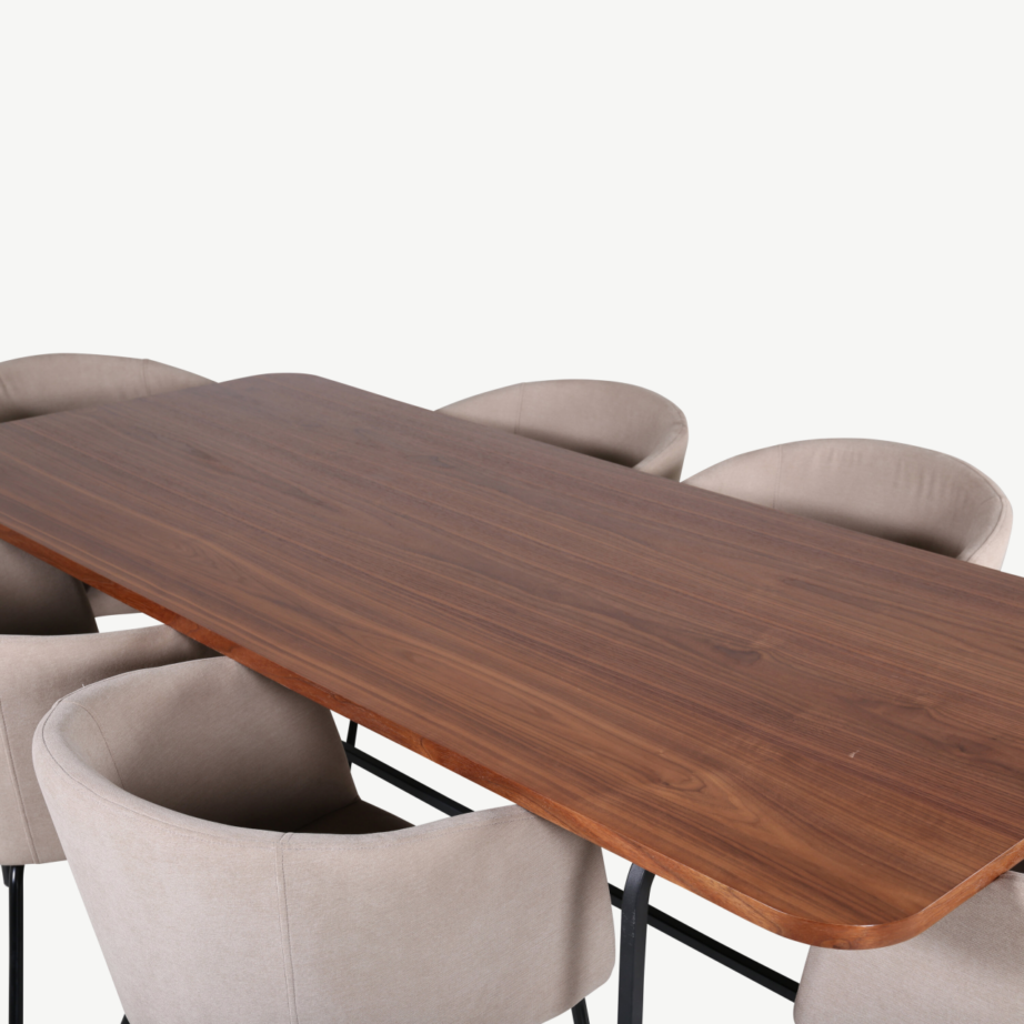 Uno ristkülikukujuline pähklispooniga söögilaud ja 6 beeži kangaga tooli, GR22391 – 3