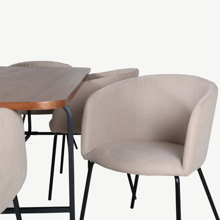 Uno ristkülikukujuline pähklispooniga söögilaud ja 6 beeži kangaga tooli, GR22391 – 4