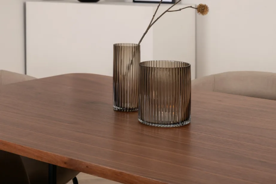 Uno ristkülikukujuline pähklispooniga söögilaud ja 6 beeži kangaga tooli, GR22391 – 7