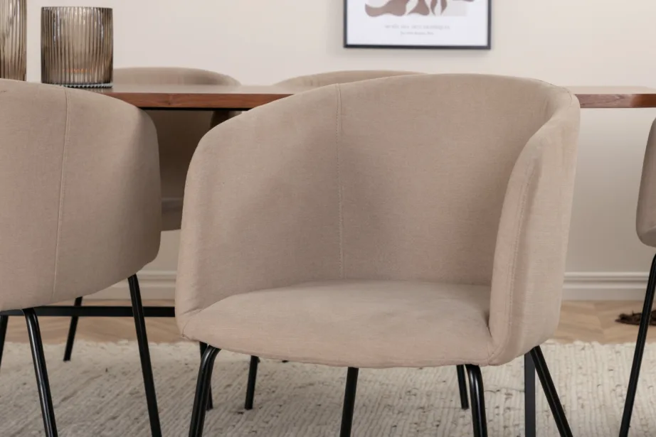 Uno ristkülikukujuline pähklispooniga söögilaud ja 6 beeži kangaga tooli, GR22391 – 8