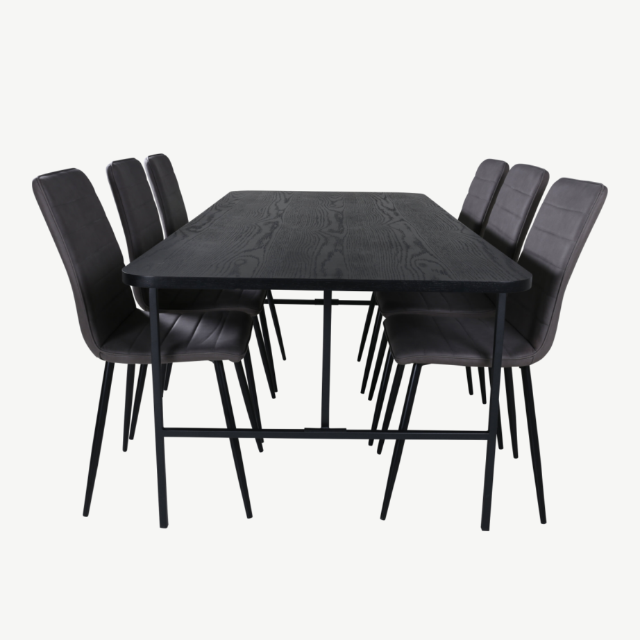 Uno ristkülikukujuline söögikomplekt (must laud, 6 halli tooli), GR22163 – 2