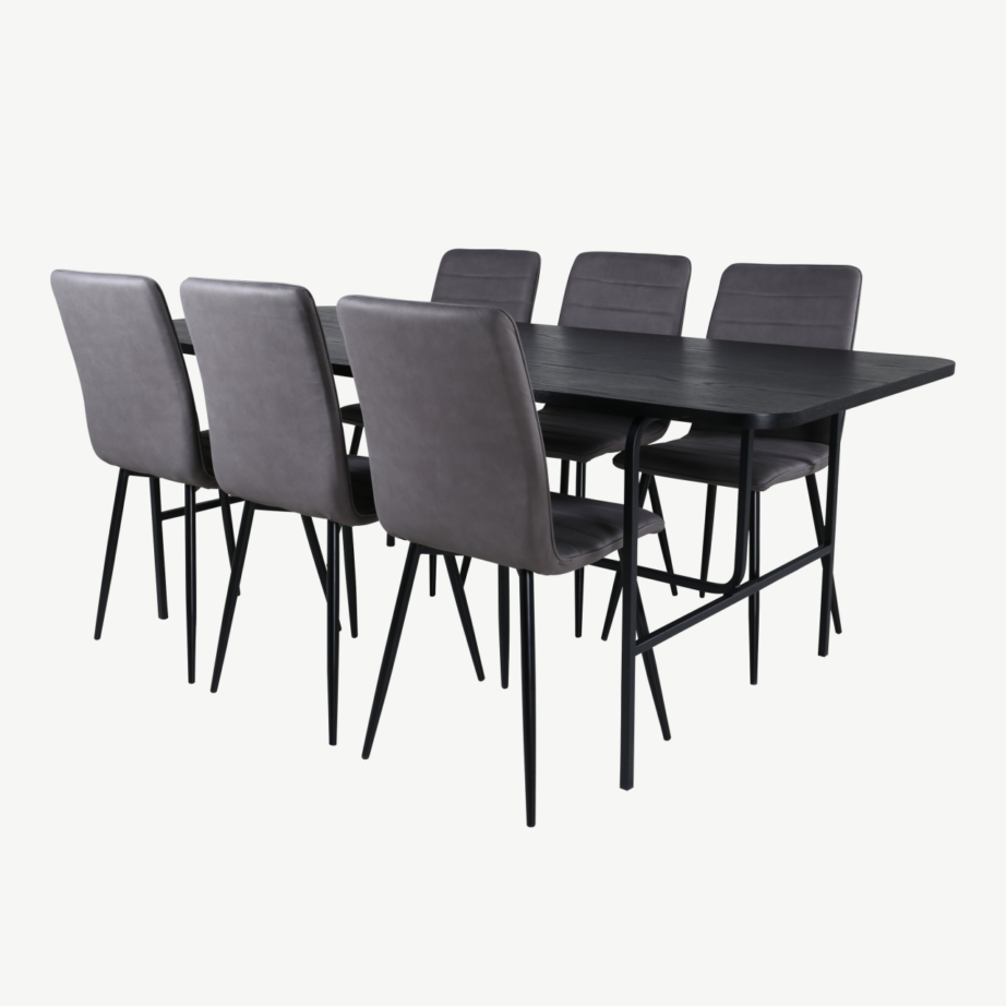 Uno ristkülikukujuline söögikomplekt (must laud, 6 halli tooli), GR22163
