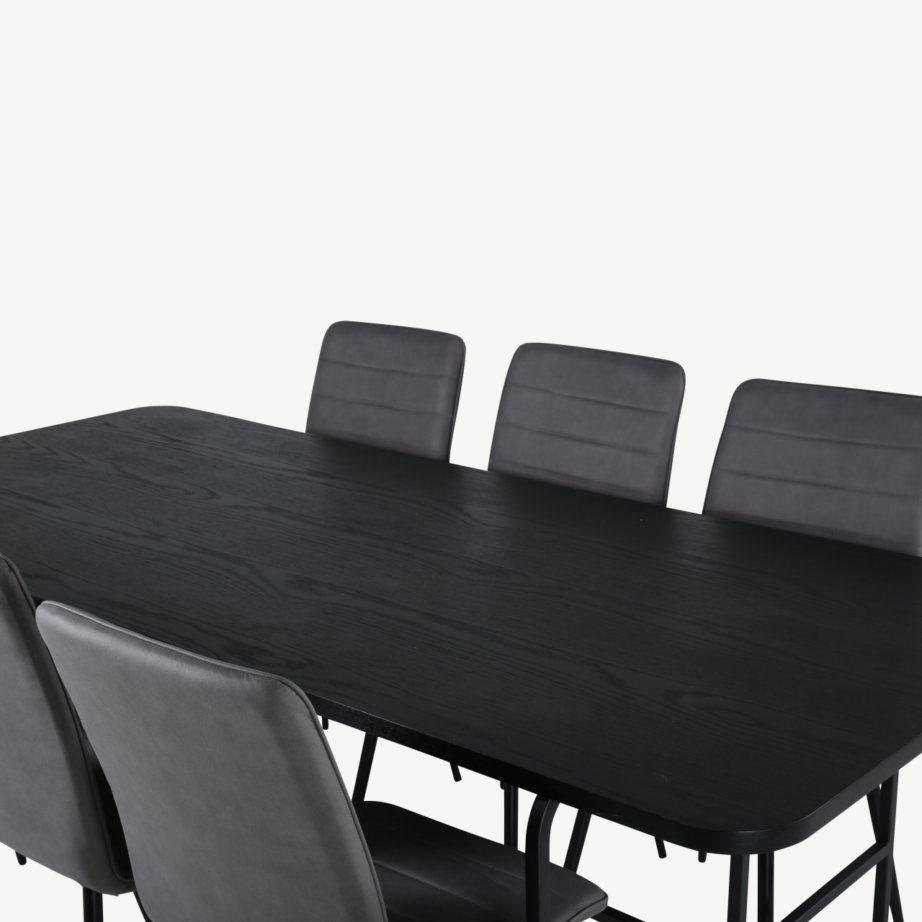 Uno ristkülikukujuline söögikomplekt (must laud, 6 halli tooli), GR22163 – 3