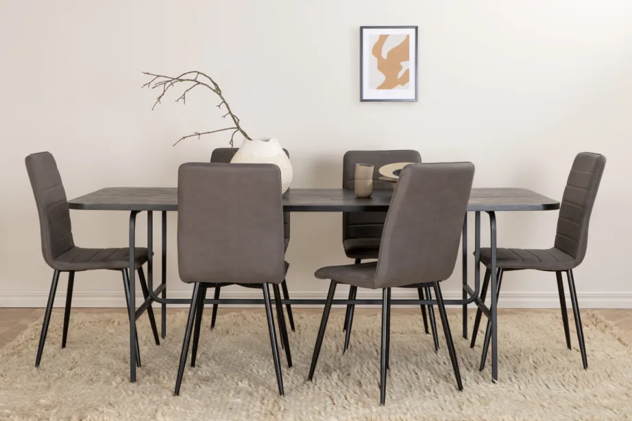 Uno ristkülikukujuline söögikomplekt (must laud, 6 halli tooli), GR22163 – 5