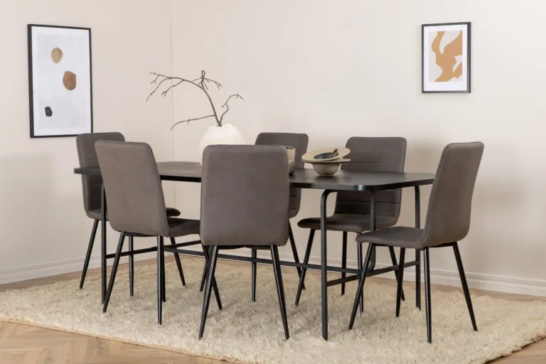 Uno ristkülikukujuline söögikomplekt (must laud, 6 halli tooli) - GR22163