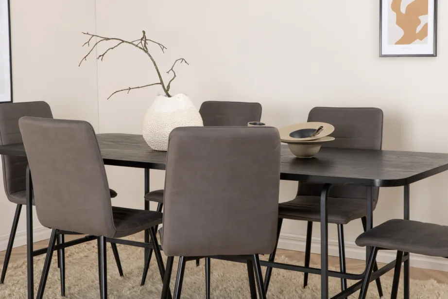 Uno ristkülikukujuline söögikomplekt (must laud, 6 halli tooli), GR22163 – 9
