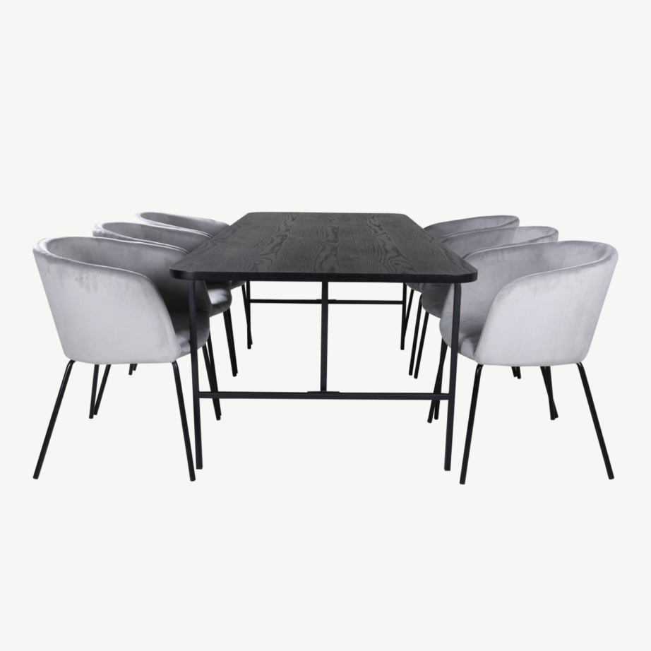 Uno ristkülikukujuline söögilaua komplekt, pähklispoon ja mustad polüestertoolid (6 tk), GR22146 – 61