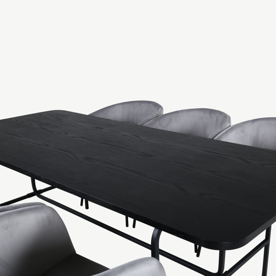 Uno ristkülikukujuline söögilaua komplekt, pähklispoon ja mustad polüestertoolid (6 tk), GR22146 – 62