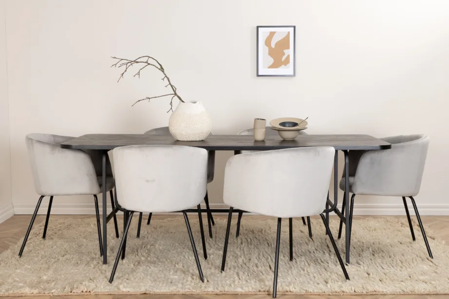 Uno ristkülikukujuline söögilaua komplekt, pähklispoon ja mustad polüestertoolid (6 tk), GR22146 – 64