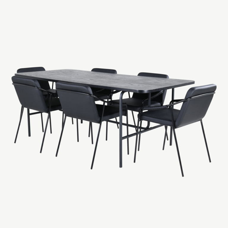 Uno ristkülikukujuline söögilaua komplekt (must MDF, 6 musta kunstnahast tooli) - GR22406