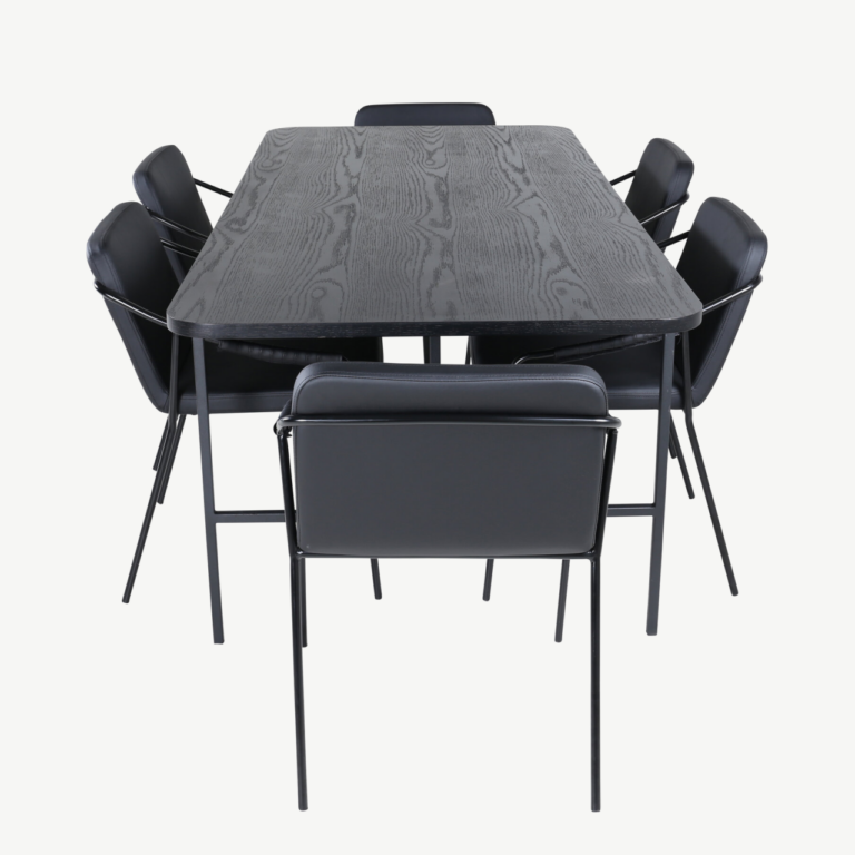Uno ristkülikukujuline söögilaua komplekt (must MDF, 6 musta kunstnahast tooli) - GR22406