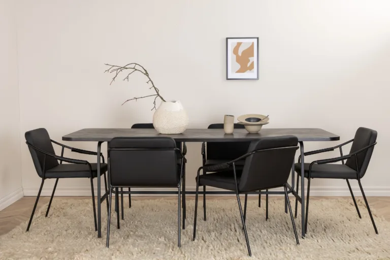 Uno ristkülikukujuline söögilaua komplekt (must MDF, 6 musta kunstnahast tooli) - GR22406