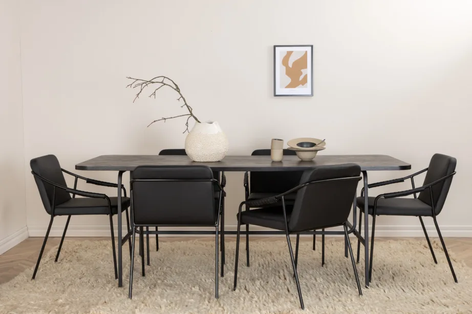 Uno ristkülikukujuline söögilaua komplekt, pähklispoon ja mustad polüestertoolid (6 tk), GR22146 – 5