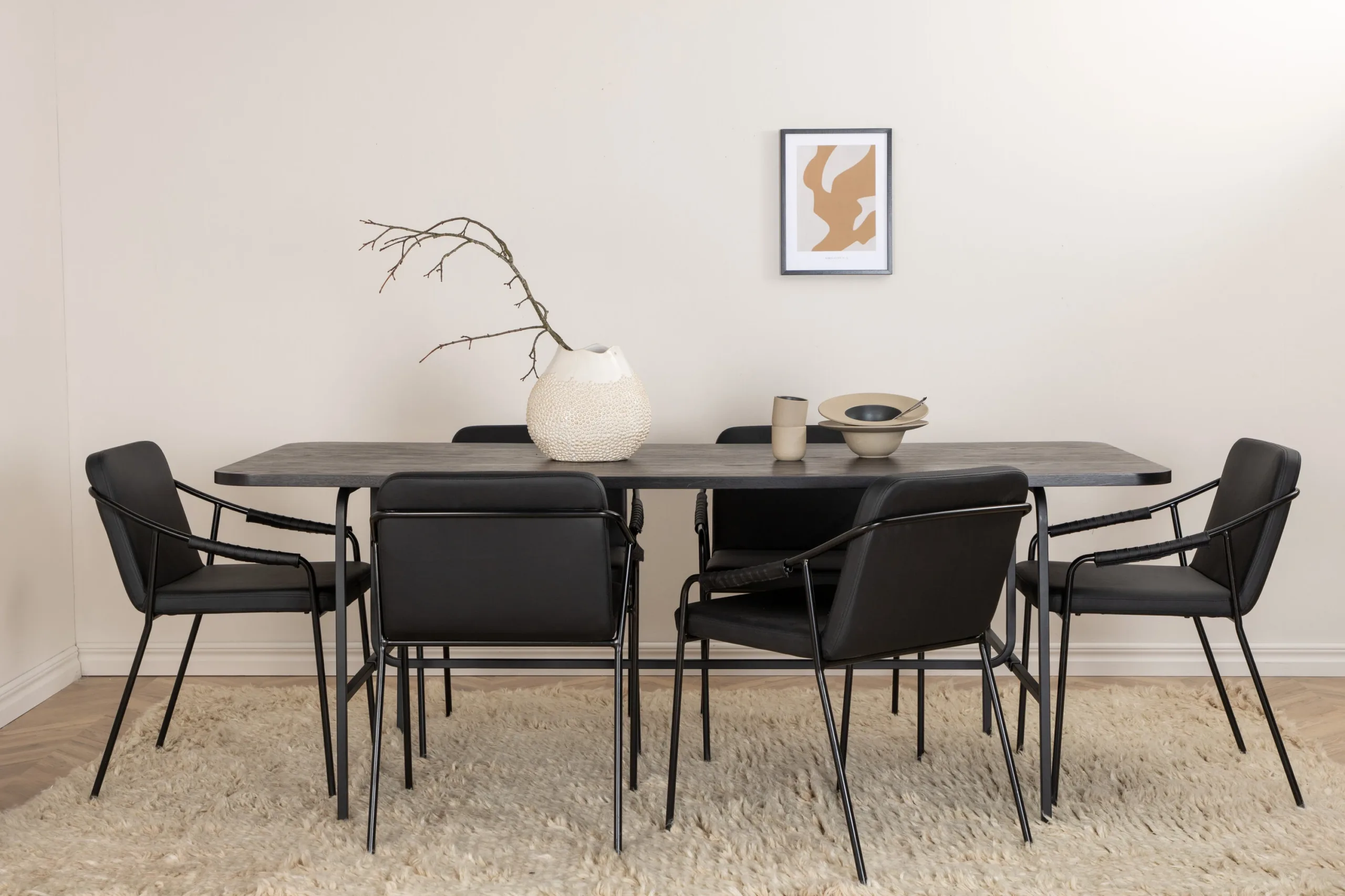 Uno ristkülikukujuline söögilaua komplekt (must MDF, 6 musta kunstnahast tooli) - GR22406