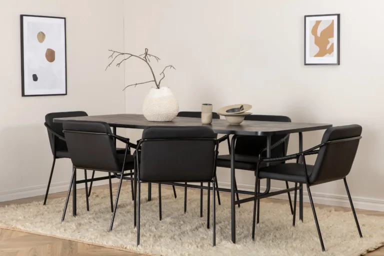 Uno ristkülikukujuline söögilaua komplekt (must MDF, 6 musta kunstnahast tooli) - GR22406