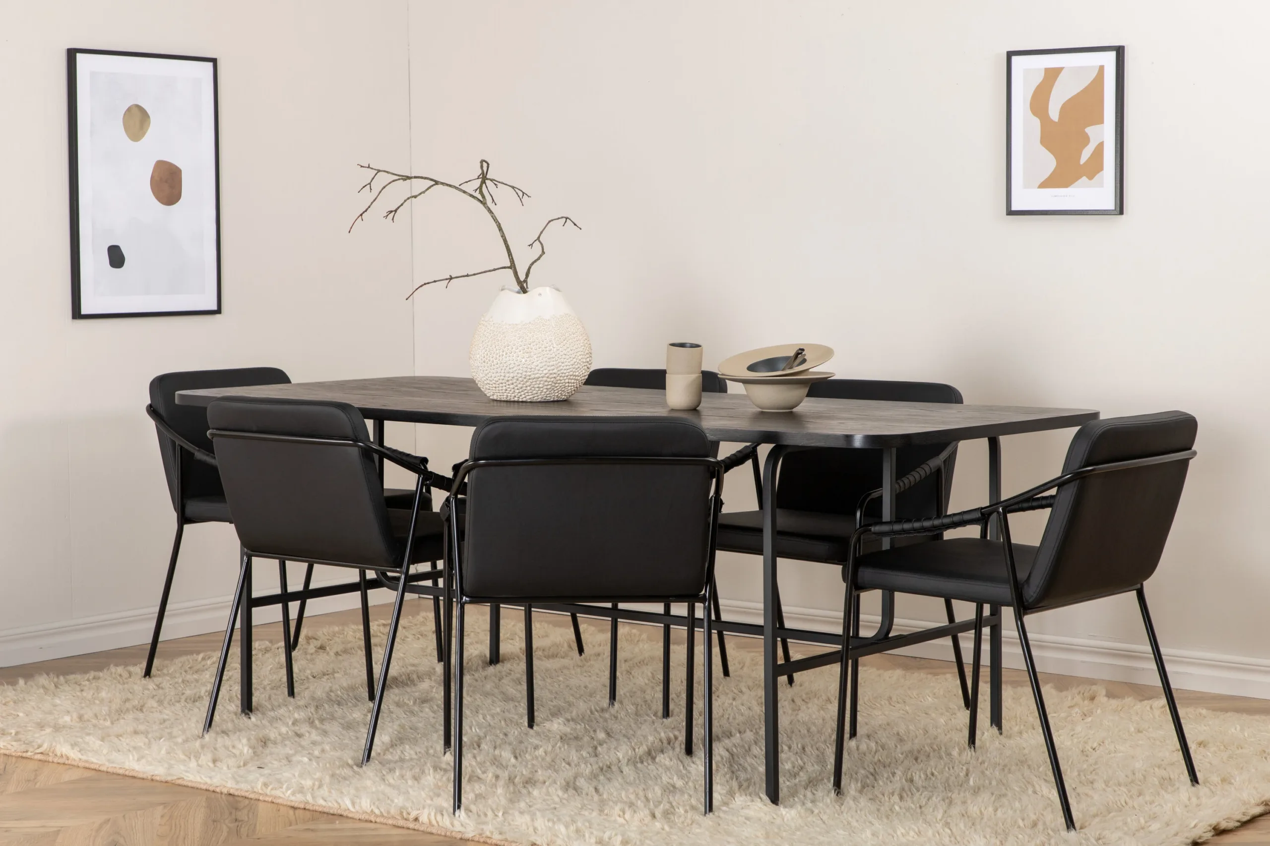 Uno ristkülikukujuline söögilaua komplekt (must MDF, 6 musta kunstnahast tooli) - GR22406