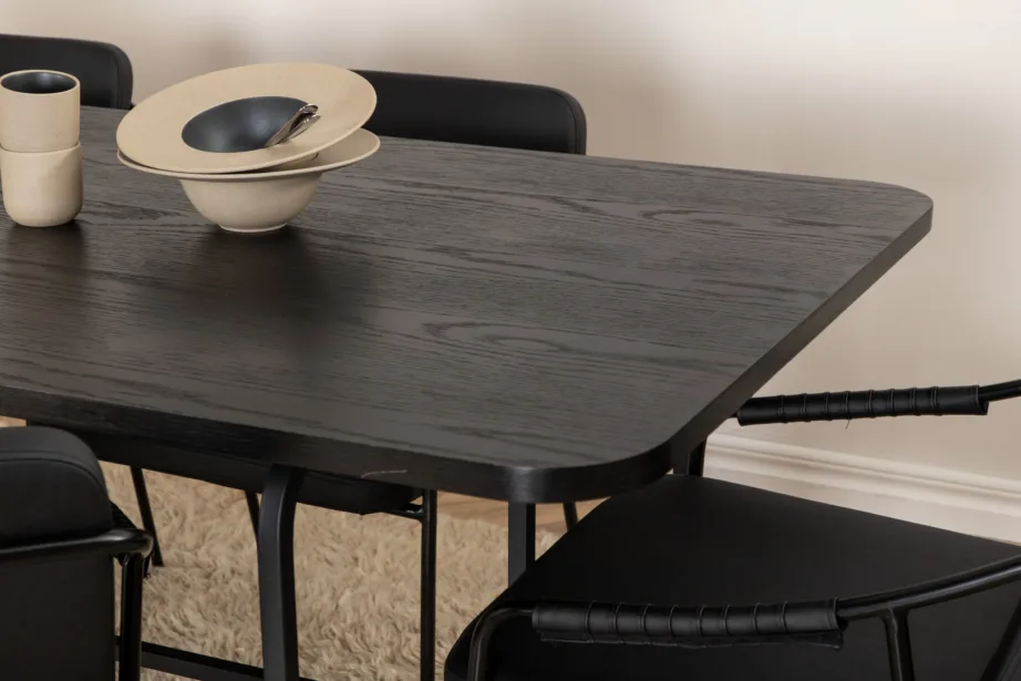 Uno ristkülikukujuline söögilaua komplekt, pähklispoon ja mustad polüestertoolid (6 tk), GR22146 – 7