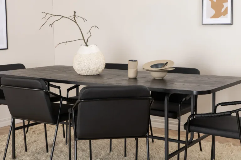 Uno ristkülikukujuline söögilaua komplekt (must MDF, 6 musta kunstnahast tooli) - GR22406