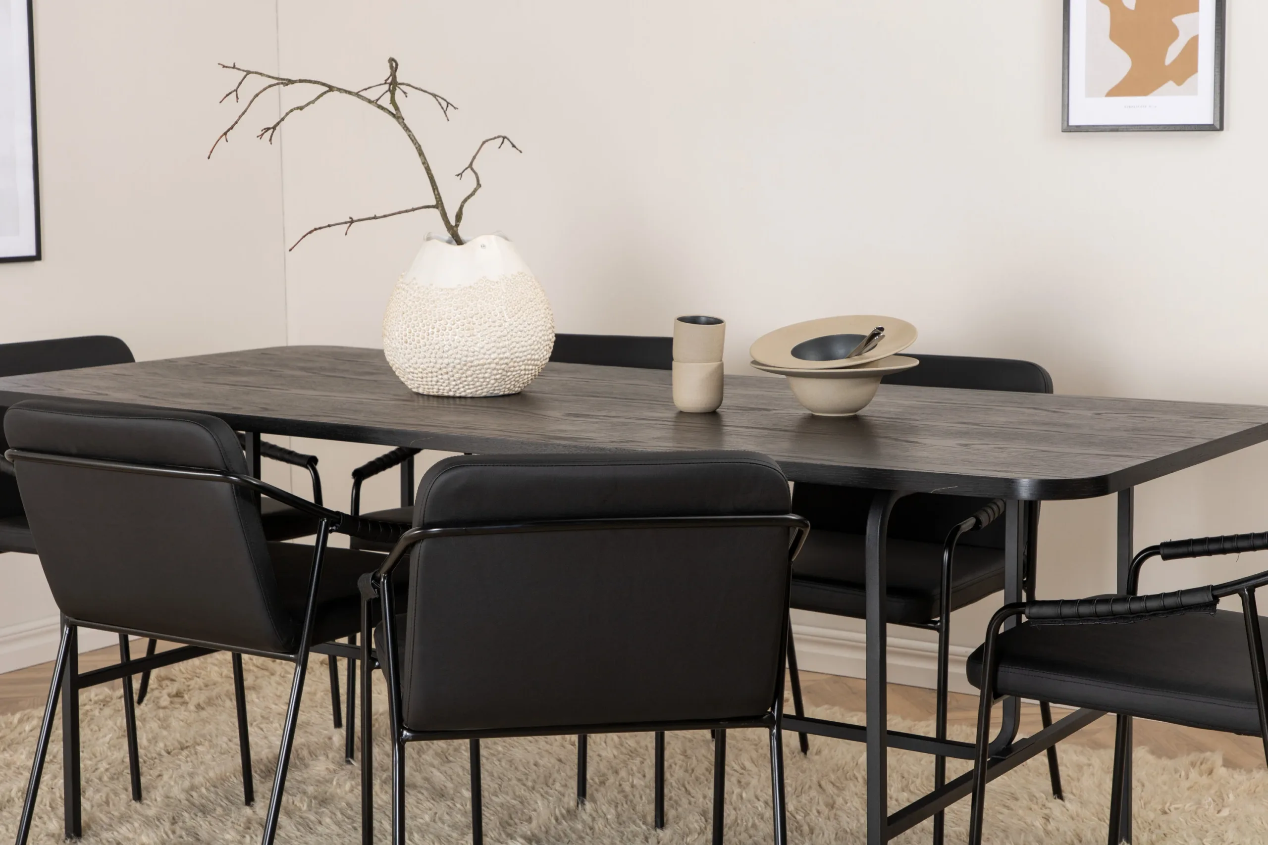 Uno ristkülikukujuline söögilaua komplekt (must MDF, 6 musta kunstnahast tooli) - GR22406