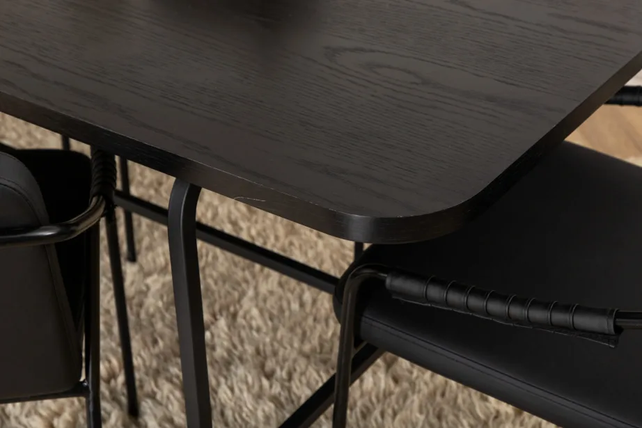 Uno ristkülikukujuline söögilaua komplekt, pähklispoon ja mustad polüestertoolid (6 tk), GR22146 – 10