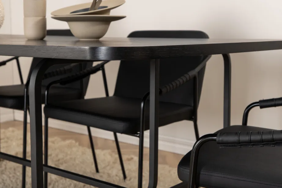 Uno ristkülikukujuline söögilaua komplekt, pähklispoon ja mustad polüestertoolid (6 tk), GR22146 – 11