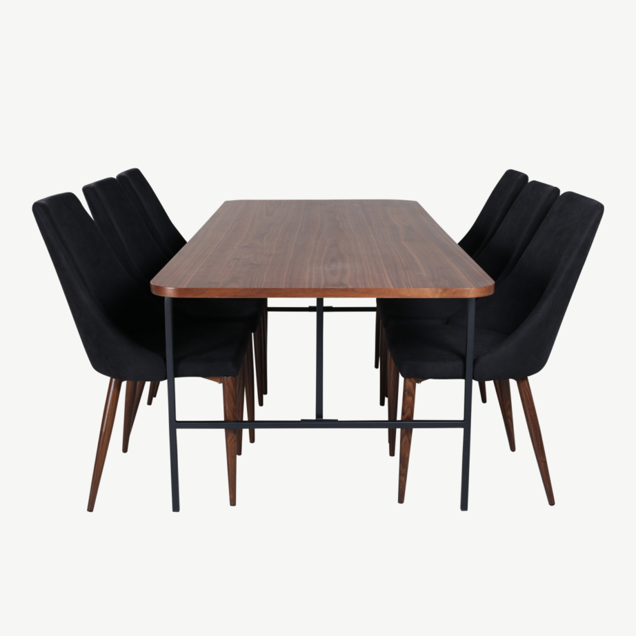 Uno ristkülikukujuline söögilaua komplekt, pähklispoon ja mustad polüestertoolid (6 tk), GR22146 – 44