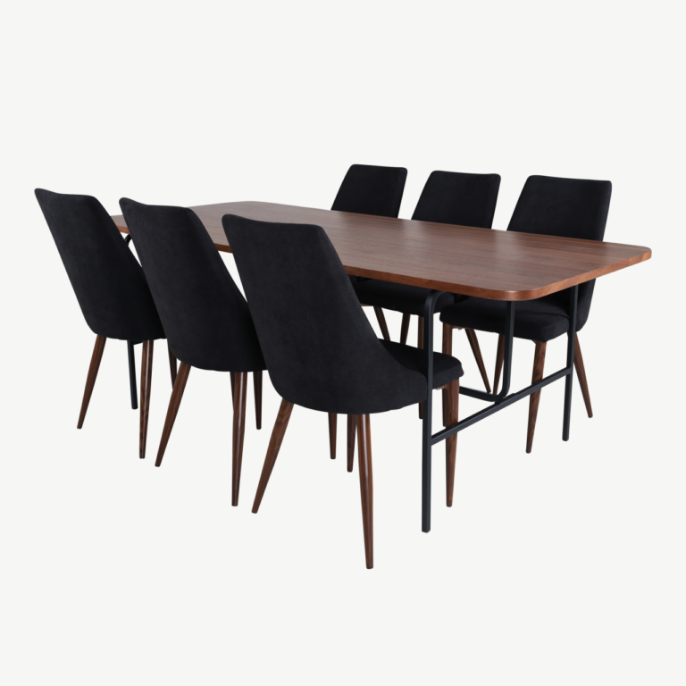 Uno ristkülikukujuline söögilaua komplekt, pähklispoon ja mustad polüestertoolid (6 tk) - GR22146