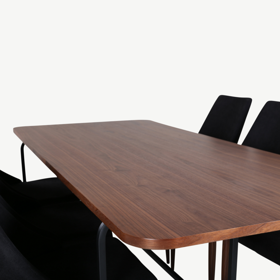 Uno ristkülikukujuline söögilaua komplekt, pähklispoon ja mustad polüestertoolid (6 tk), GR22146 – 45