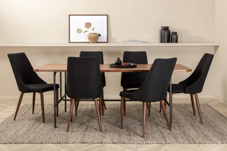 Uno ristkülikukujuline söögilaua komplekt, pähklispoon ja mustad polüestertoolid (6 tk), GR22146 – 48