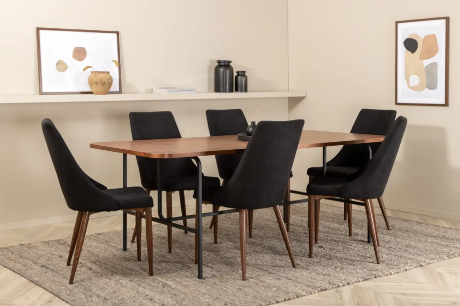 Uno ristkülikukujuline söögilaua komplekt, pähklispoon ja mustad polüestertoolid (6 tk), GR22146 – 49