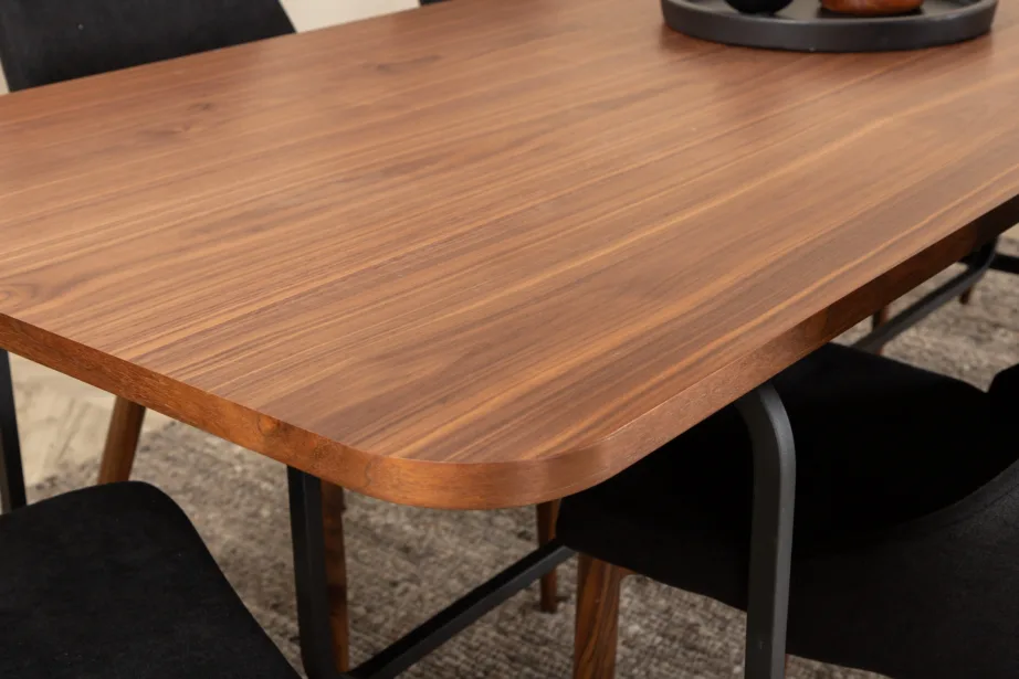 Uno ristkülikukujuline söögilaua komplekt, pähklispoon ja mustad polüestertoolid (6 tk), GR22146 – 51