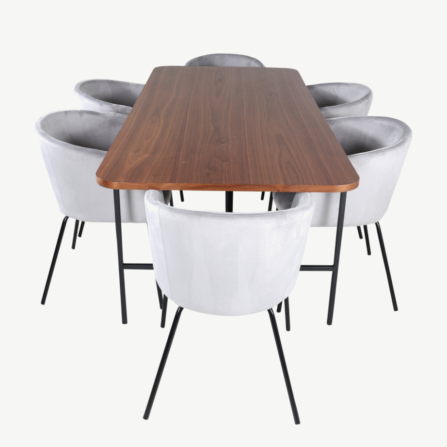 Uno ristkülikukujuline söögilaua komplekt pähklispooniga, 6 halli velvetist tooli, GR22393 – 2