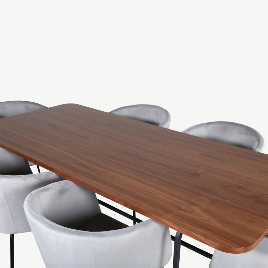 Uno ristkülikukujuline söögilaua komplekt, pähklispoon ja mustad polüestertoolid (6 tk), GR22146 – 37