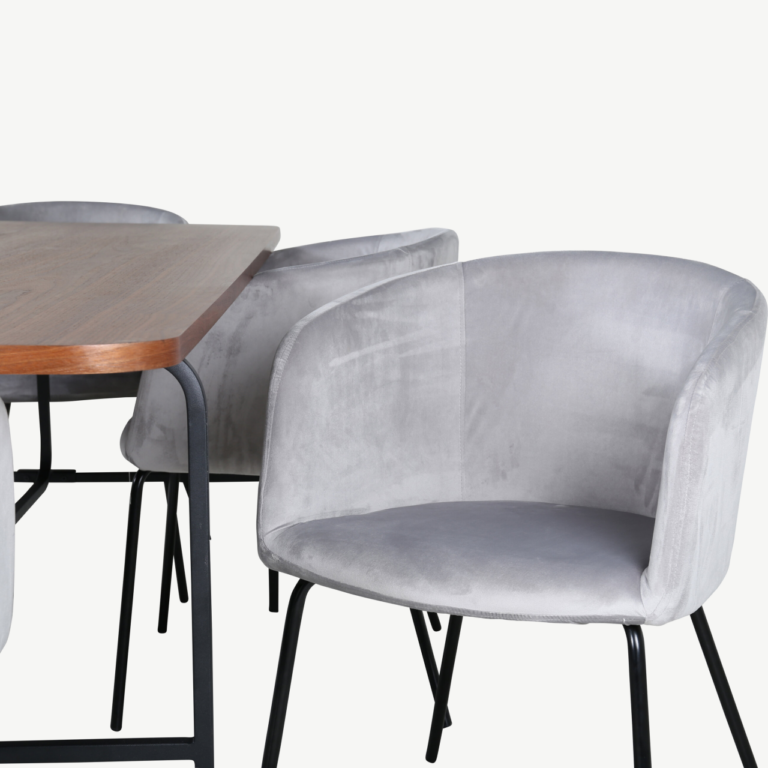 Uno ristkülikukujuline söögilaua komplekt pähklispooniga, 6 halli velvetist tooli - GR22393