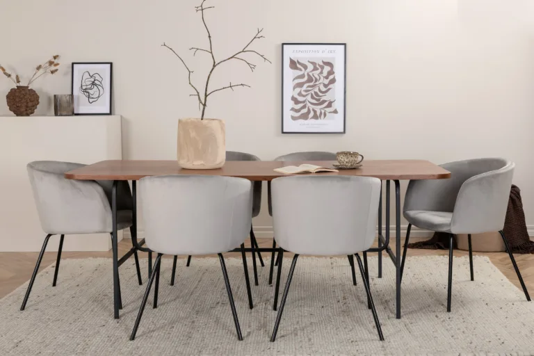 Uno ristkülikukujuline söögilaua komplekt pähklispooniga, 6 halli velvetist tooli - GR22393