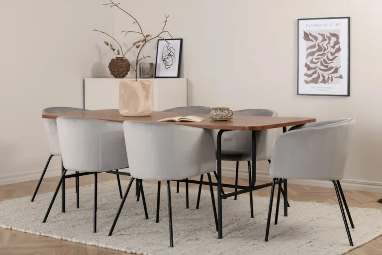 Uno ristkülikukujuline söögilaua komplekt pähklispooniga, 6 halli velvetist tooli - GR22393