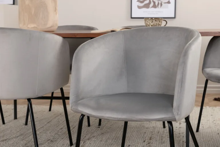 Uno ristkülikukujuline söögilaua komplekt pähklispooniga, 6 halli velvetist tooli - GR22393