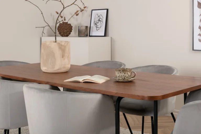 Uno ristkülikukujuline söögilaua komplekt pähklispooniga, 6 halli velvetist tooli - GR22393