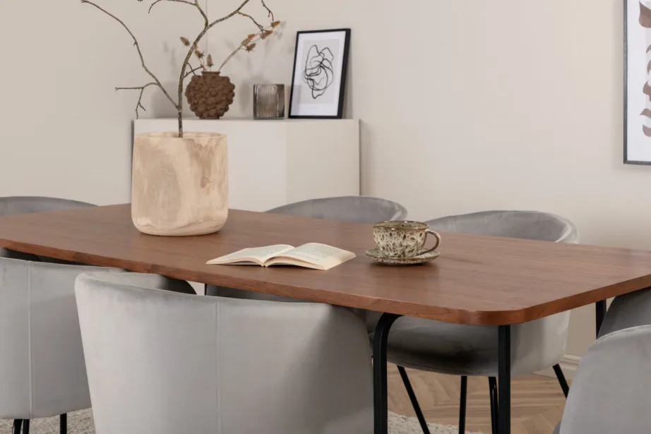 Uno ristkülikukujuline söögilaua komplekt, pähklispoon ja mustad polüestertoolid (6 tk), GR22146 – 43