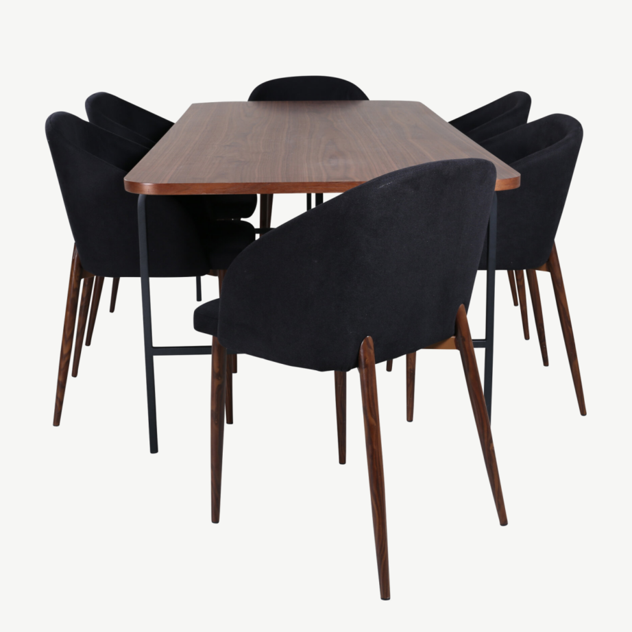 Uno ristkülikukujuline söögilaua komplekt, pähklispoon ja mustad polüestertoolid (6 tk), GR22146 – 53