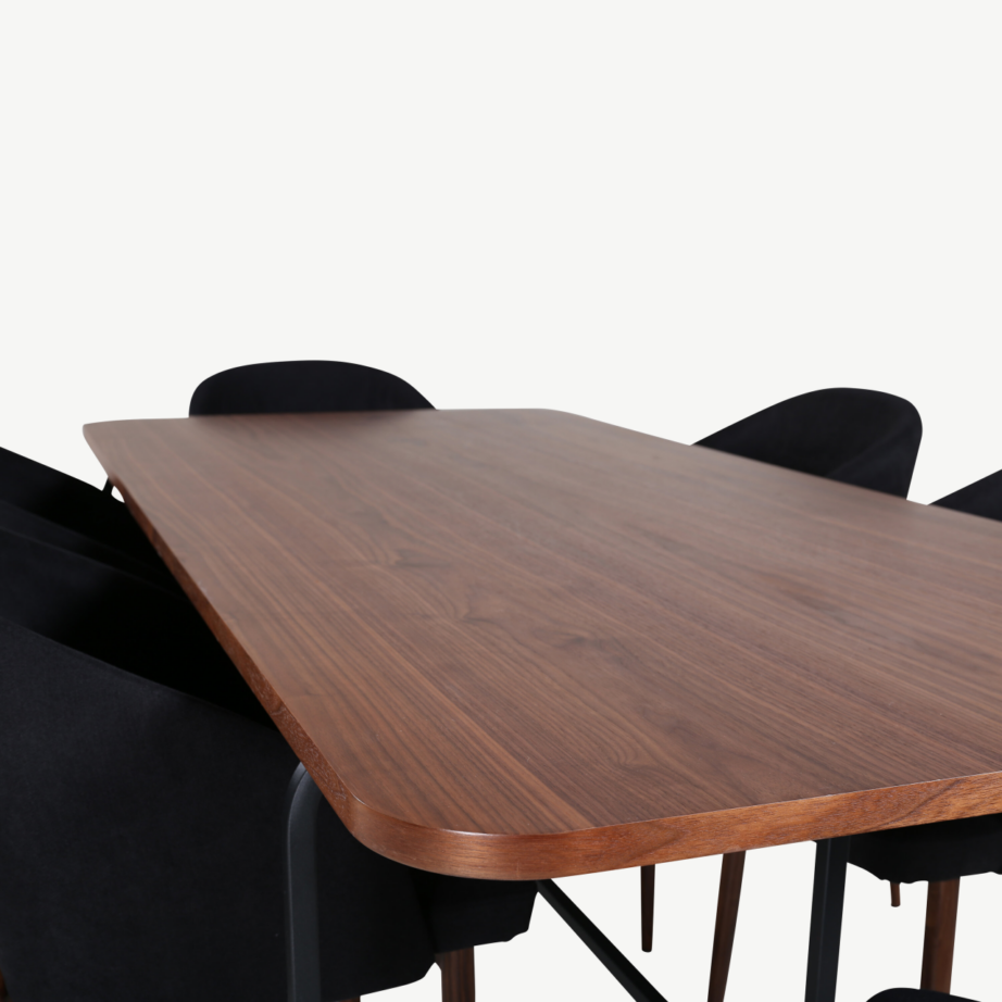 Uno ristkülikukujuline söögilaua komplekt, pähklispoon ja mustad polüestertoolid (6 tk), GR22146 – 54