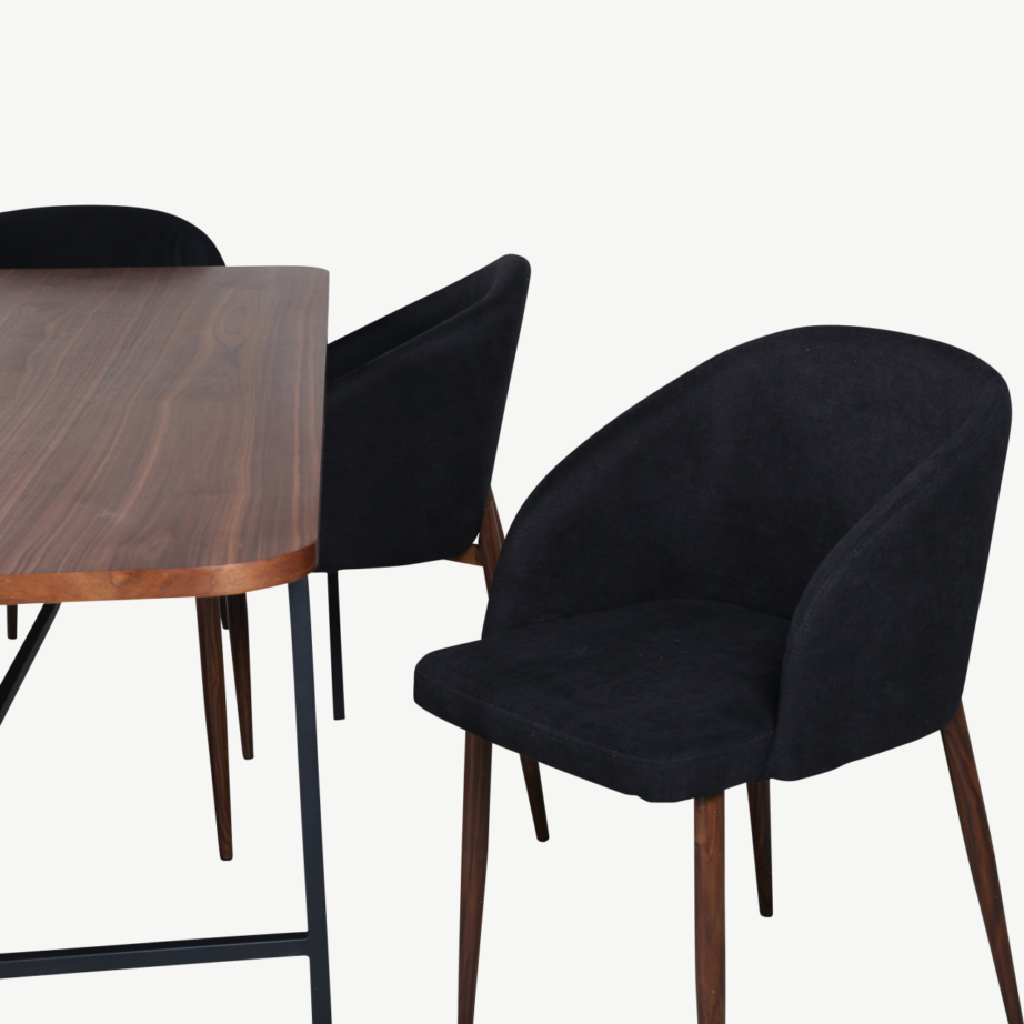 Uno ristkülikukujuline söögilaua komplekt, pähklispoon ja mustad polüestertoolid (6 tk), GR22146 – 55