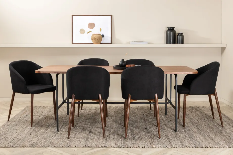 Uno ristkülikukujuline söögilaua komplekt, pähklispoon ja mustad polüestertoolid (6 tk), GR22146 – 57