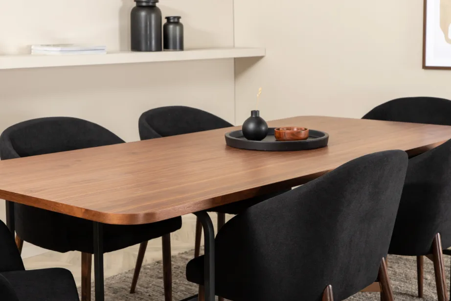 Uno ristkülikukujuline söögilaua komplekt, pähklispoon ja mustad polüestertoolid (6 tk), GR22146 – 58