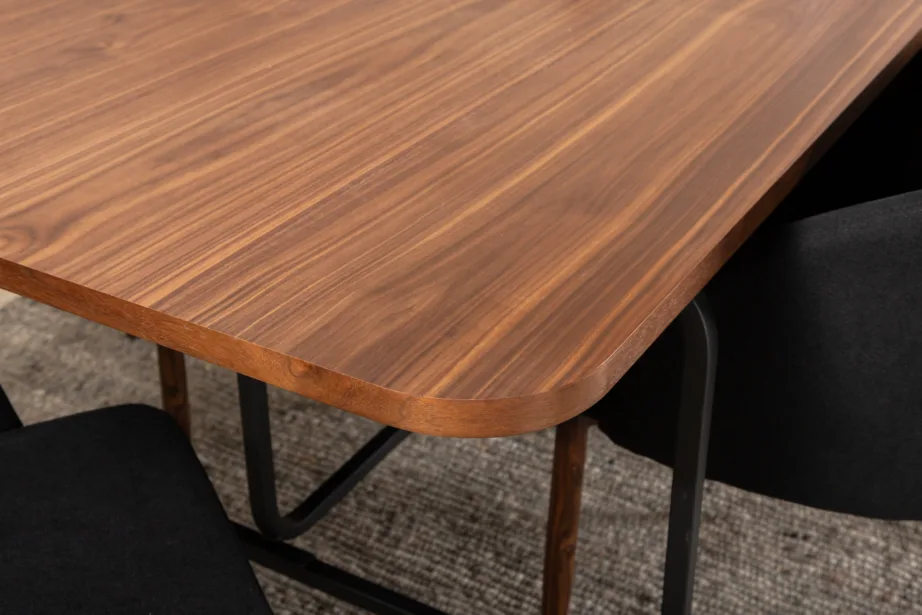 Uno ristkülikukujuline söögilaua komplekt, pähklispoon ja mustad polüestertoolid (6 tk), GR22146 – 59