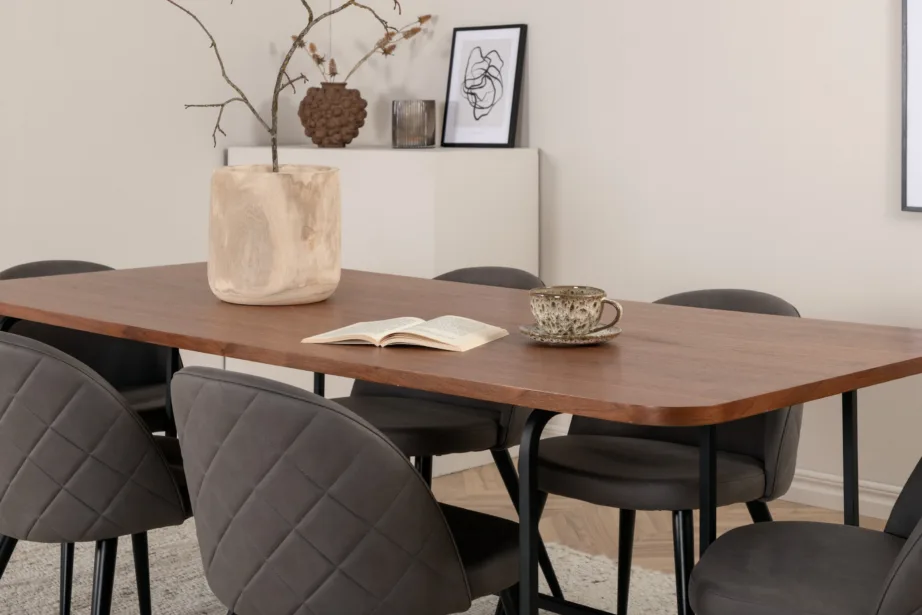 Uno ristkülikukujuline söögilaua komplekt, pähklispoon ja mustad polüestertoolid (6 tk), GR22146 – 19