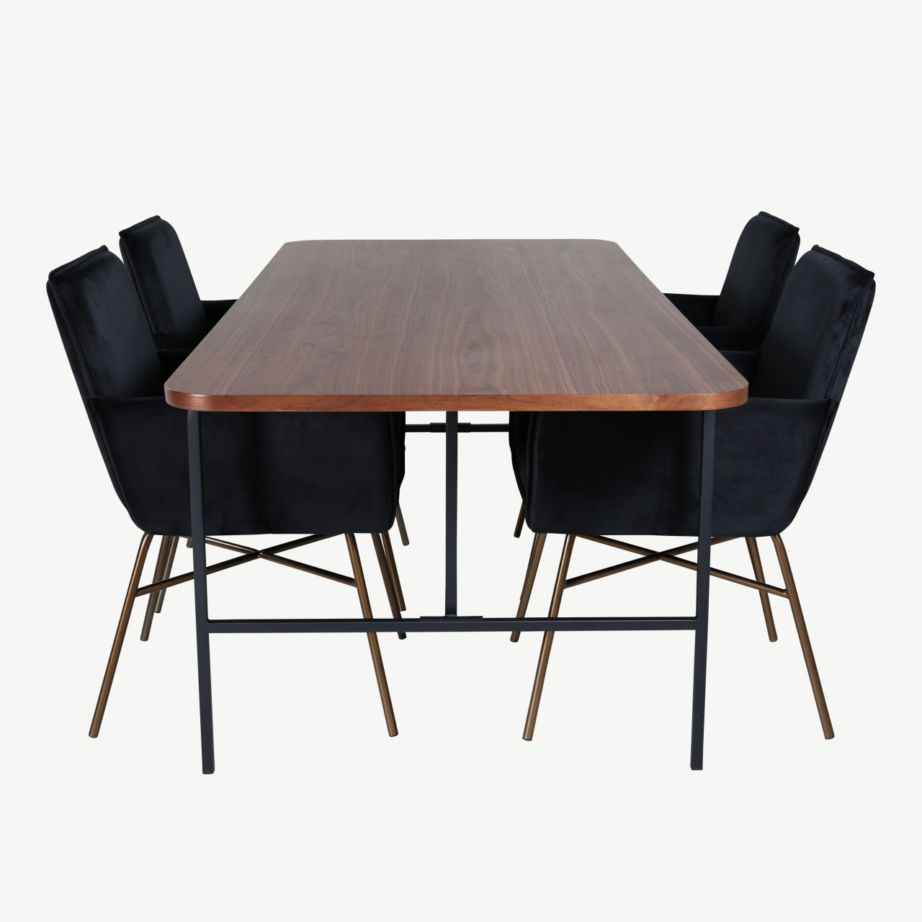 Uno ristkülikukujuline söögilaud pähklispooniga ja mustad velvetist Petra toolid, GR22149 – 2