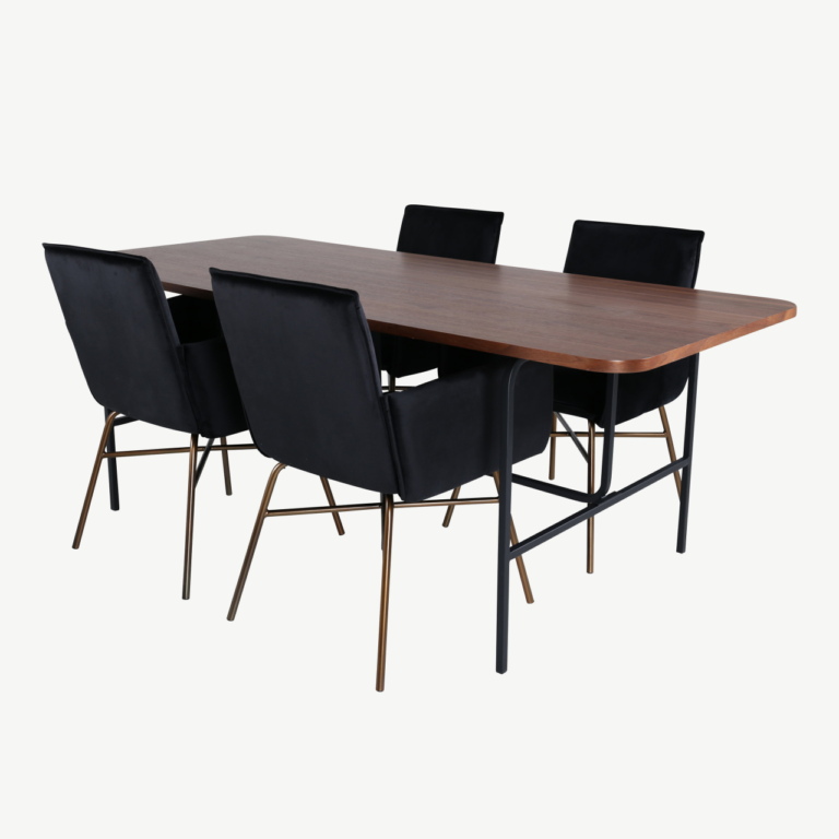 Uno ristkülikukujuline söögilaud pähklispooniga ja mustad velvetist Petra toolid - GR22149